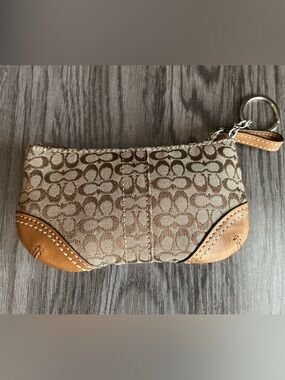 Y2K Coach Signature Mini Wallet Keychain Coin Pouch Brown Jacquard Leather 5.25”